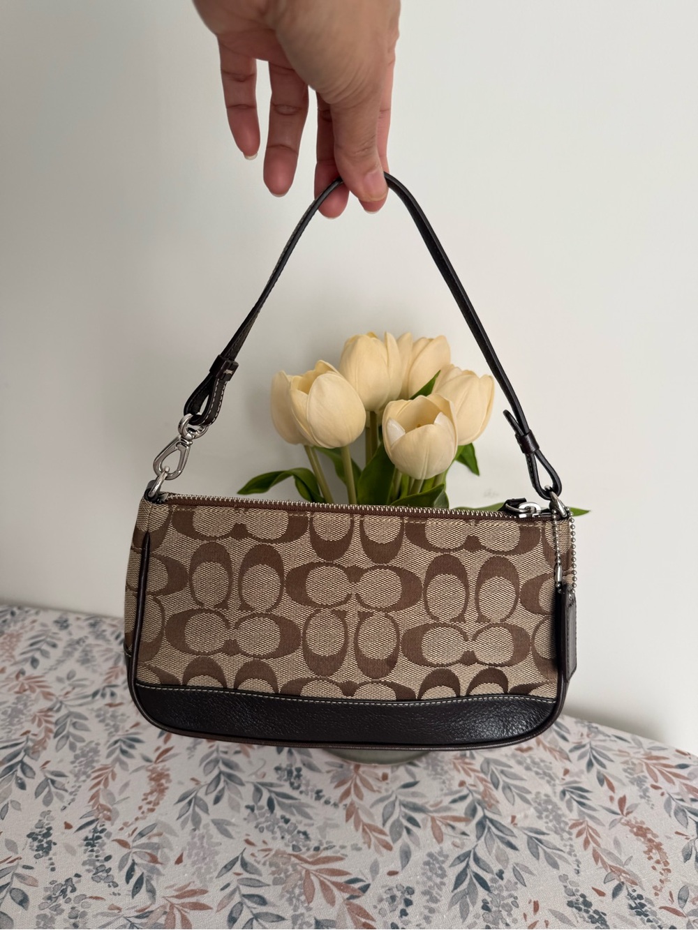 Coach Mini Shoulder Bag in Brown Signature Canvas with Black Trim